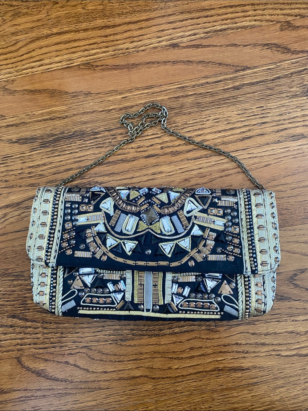 Chico’s Embellished Black and Gold Beaded Clutch with Chain EUC
